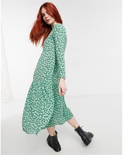 Зеленое ярусное свободное платье миди в горошек с длинными рукавами Asos design