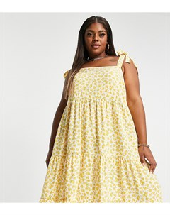 Желтое ярусное платье мини с завязками на плечах и цветочным принтом New Look Curve New look plus