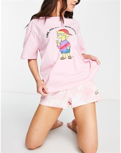 Розовый пижамный комплект из шорт с принтом тай дай и oversized футболки Simpsons Asos design