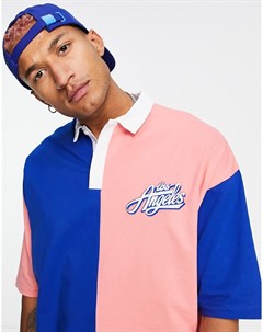 Oversized футболка поло в стиле колор блок синего и розового цвета с принтом на груди Asos design