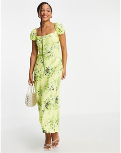 Платье миди с короткими рукавами корсетной вставкой разрезом и ярким цветочным принтом Asos design