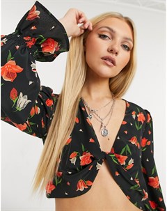 Укороченная блузка с разноцветным цветочным принтом и перекрутом спереди Topshop