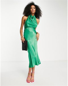 Зеленое платье миди со свободным воротом бретелькой через шею и поясом на талии Asos design