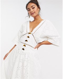 Белое платье миди на пуговицах с кружевными вставками и вышивкой ришелье Asos design