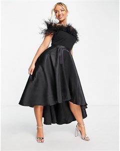 Платье миди черного цвета с искусственными перьями и открытыми плечами Goddiva