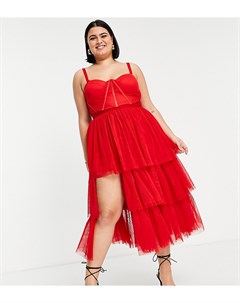 Красное ярусное платье миди из тюля с корсетом Lace & beads plus