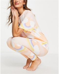 Пижамный комплект из леггинсов и футболки в стиле oversized персикового цвета с принтом облаков и ра Asos design