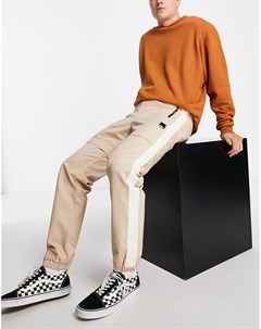 Прямые брюки цвета экрю с полосками по бокам и эластичным поясом Topman