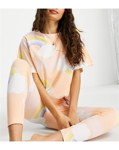 Пижамный комплект из леггинсов и oversized футболки персикового цвета с принтом облаков и радуги с э Asos petite