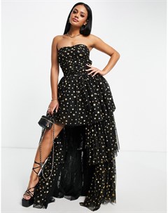 Черное платье макси из тюля с асимметричным низом и блестящими звездами Exclusive Lace & beads