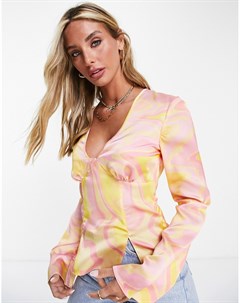 Розово желтая атласная блузка с длинными рукавами V образным вырезом и абстрактным принтом Asos design