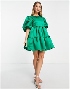Зеленое трапециевидное платье мини из атласной ткани с пышными рукавами x Lorna Luxe In the style