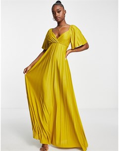 Плиссированное платье макси горчичного цвета с короткими рукавами и перекрученным дизайном на спине Asos design