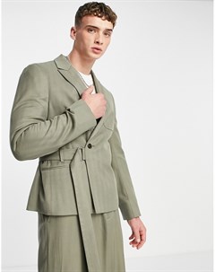 Узкий короткий пиджак оливкового цвета с узором елочка и поясом в утилитарном стиле Asos design