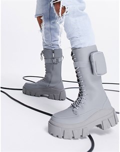 Серые высокие ботинки из искусственной кожи на массивной подошве со шнуровкой и карманами Asos design