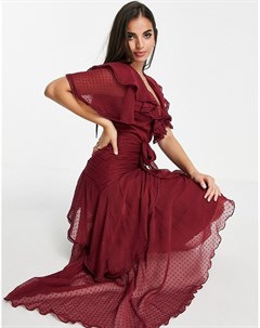 Бордовое шифоновое платье миди из ткани добби с драпировкой и завязкой на талии Asos design