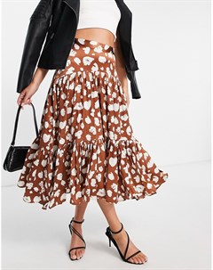 Оранжево коричневая ярусная юбка миди с цветочным принтом Aimee French connection