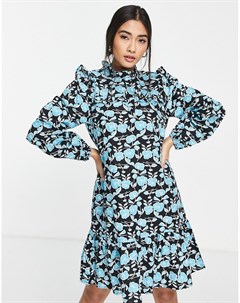 Свободное платье мини с оборками и синим цветочным принтом Vero moda