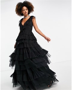 Черное многоярусное платье макси из тюля Lace & beads