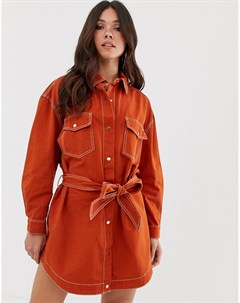 Темно оранжевое джинсовое платье рубашка с контрастными швами и поясом Missguided