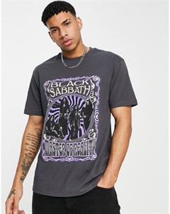 Oversized футболка выбеленного серого цвета с принтом группы Black Sabbath Topman