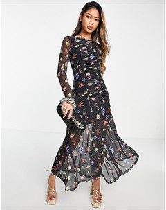 Присборенное спереди платье миди из сетки с цветочным принтом Topshop