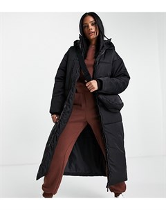 Атласное дутое пальто макси с сумкой с ремешком черного цвета Asyou