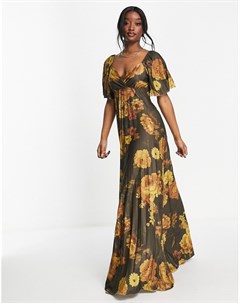 Плиссированное платье макси с короткими рукавами горчичным цветочным принтом и перекрученной отделко Asos design