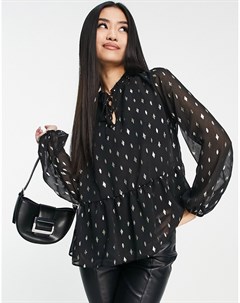 Черная блузка с баской и узором New look