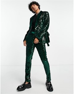 Зеленые бархатные зауженные брюки с узором ромбы из пайеток Asos design