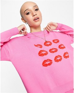 Розовый джемпер из вязаного трикотажа с принтом отпечатков губ красного цвета от комплекта Never fully dressed