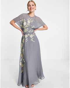 Серое платье макси с цветочной вышивкой Asos design