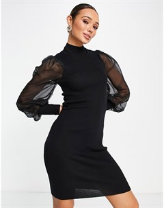 Вязаное платье мини черного цвета с прозрачными рукавами Y.a.s
