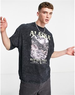 Черная выбеленная oversized футболка с принтом Alaska на груди Asos design