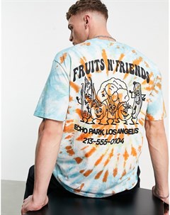 Oversized футболка с разноцветным принтом тай дай и надписью Fruit and Friends на груди и спине Topman