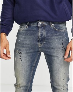 Выбеленные эластичные джинсы зауженного кроя со рваной отделкой и брызгами краски Topman