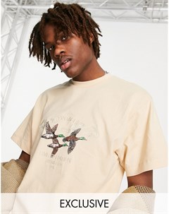 Светло бежевая футболка из органического хлопка с вышивкой уток Inspired Reclaimed vintage