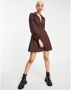 Платье рубашка мини в стиле ретро с юбкой годе шоколадно коричневого цвета Asos design