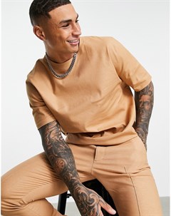 Светло коричневая строгая тканевая футболка из смеси хлопка и льна от комплекта Asos design