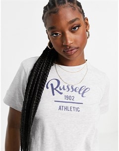 Укороченная серая футболка с логотипом Russell athletic