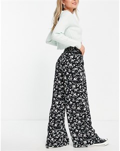 Черные брюки с широкими штанинами и цветочным принтом New look