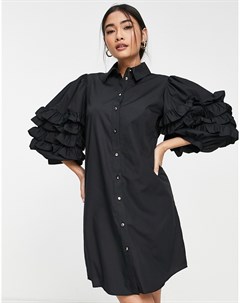 Черное платье рубашка мини с пышными рукавами и оборками River island