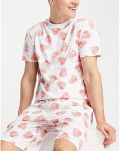 Пижамный комплект белого цвета из футболки и шорт с принтом сердечек Valentines Asos design