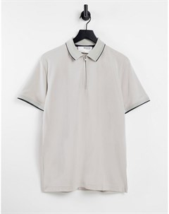 Бежевая футболка поло из смесового органического хлопка с контрастным кантом и молнией длиной 1 4 Selected homme