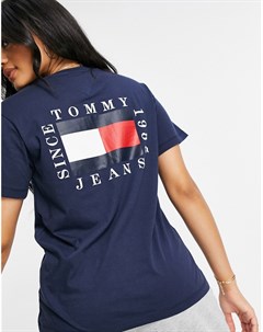 Темно синяя футболка с логотипом флагом на спине Tommy jeans