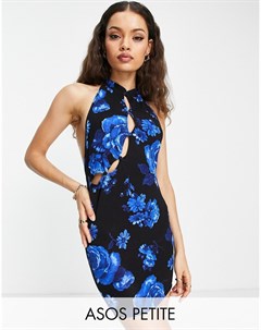 Платье мини на пуговицах с воротником стойкой и синим цветочным принтом ASOS DESIGN Petite Asos petite