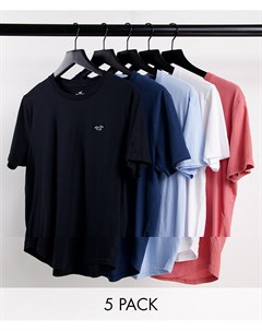 Набор из 5 футболок разных цветов с маленьким логотипом и закругленным нижним краем Hollister