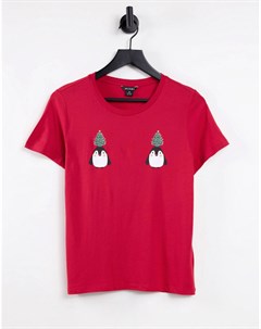 Красная футболка из органического хлопка с новогодним принтом пингвинов Monki