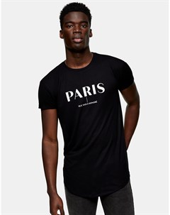 Черная удлиненная футболка с принтом Paris Topman