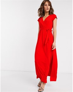 Красное платье макси с запахом и поясом Asos design